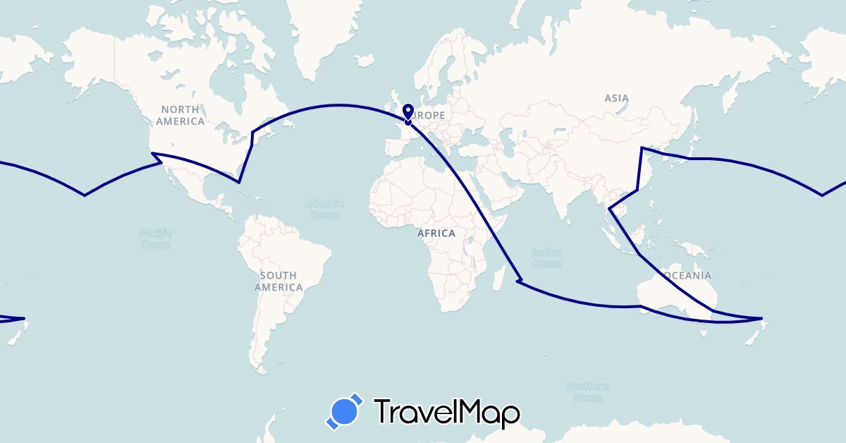 TravelMap itinerary: driving in Australia, Canada, China, France, Hong Kong, Indonesia, Japan, South Korea, Mauritius, New Zealand, Réunion, Thailand, United States (Africa, Asia, Europe, North America, Oceania)